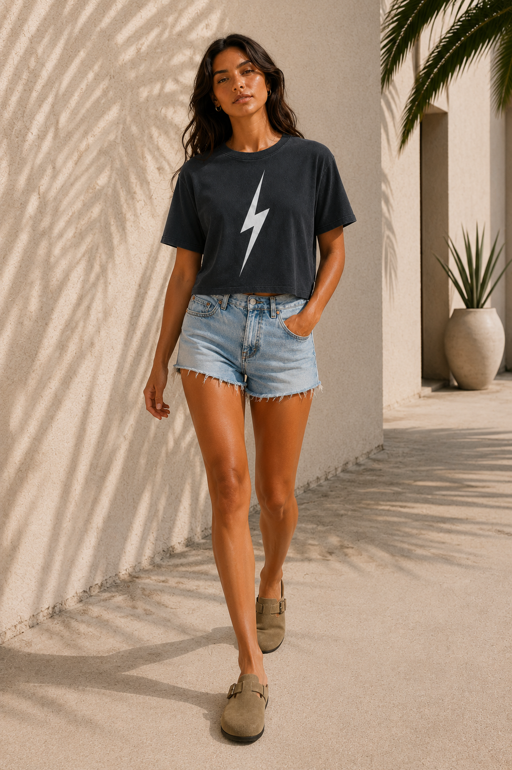 Pigment Black Womens Classic Bolt Tee - walking female