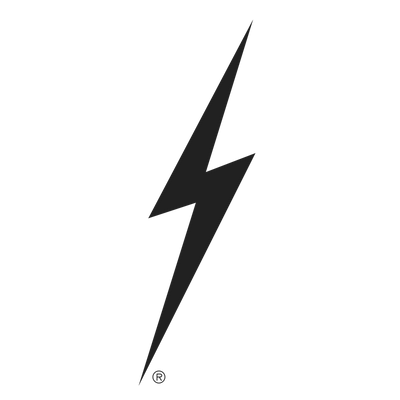 A black lightning bolt icon centered on a plain white background, with a small registered trademark symbol near the bottom.
